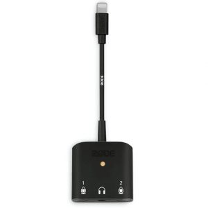 The Rode SC6-L Mobile Interview Kit features a black design with a Lightning connector, two labeled audio input ports, and a single headphone jack—making it perfect for mobile interviews on compatible Apple devices.