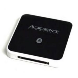 The Accent Acoustics iBT1 Bluetooth Adapter is a square black device featuring “Accent Acoustics” branding, a Bluetooth symbol, and a dock connector port on one side, shown against a white background.
