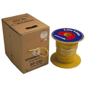 A cardboard box and a yellow spool of Forte A-BUS SP250/150 Low Loss Multi-Room Installation Cable are displayed side by side on a white background.