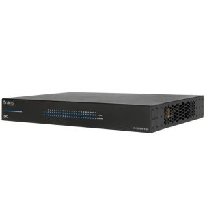 An Araknis Networks 110 Series 24-port Unmanaged+ Gigabit Switch with rear ports (v1), featuring indicator lights and side ventilation, is shown on a white background.