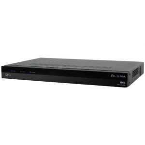 A black Luma Surveillance 310 Series NVR - 16 Channels, featuring indicator lights, ventilation slots, and a front USB port, designed for dependable use in Luma Surveillance security camera systems.
