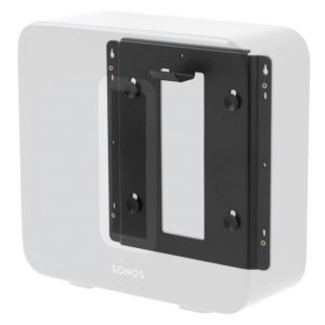 An Alphason AS6001 Sub Wall Bracket in black metal is attached to the back of a white Sonos Sub speaker, shown on a white background.