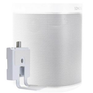 A white Sonos speaker mounted on an Alphason AS1002 Slimline Play:1 Wall Bracket, with a cable connection port visible on the side.