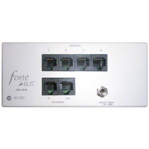 The Forte A-BUS Hubs ABK-4RJB is a white audio distribution hub featuring four RJ45 output ports, two RJ45 expansion ports, and one power input.