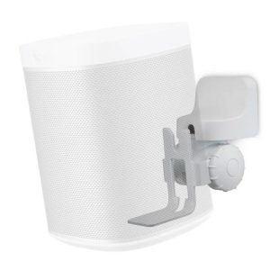 The Alphason AS1001 Play:1 Wall Bracket holds a white wireless speaker and features an adjustable knob and support arm for wall mounting.