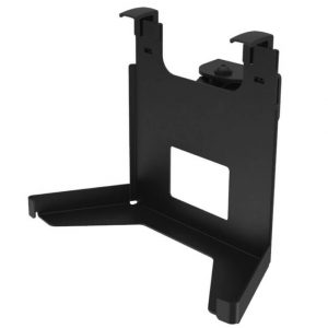 Certainly! Here’s a revised version of the sentence using the provided product data: The Alphason AS5001 Play:5 Wall Bracket - Old Version is a black plastic stand with a wide base, vertical back support, and two top clips, designed to securely hold or mount electronic devices or equipment.
