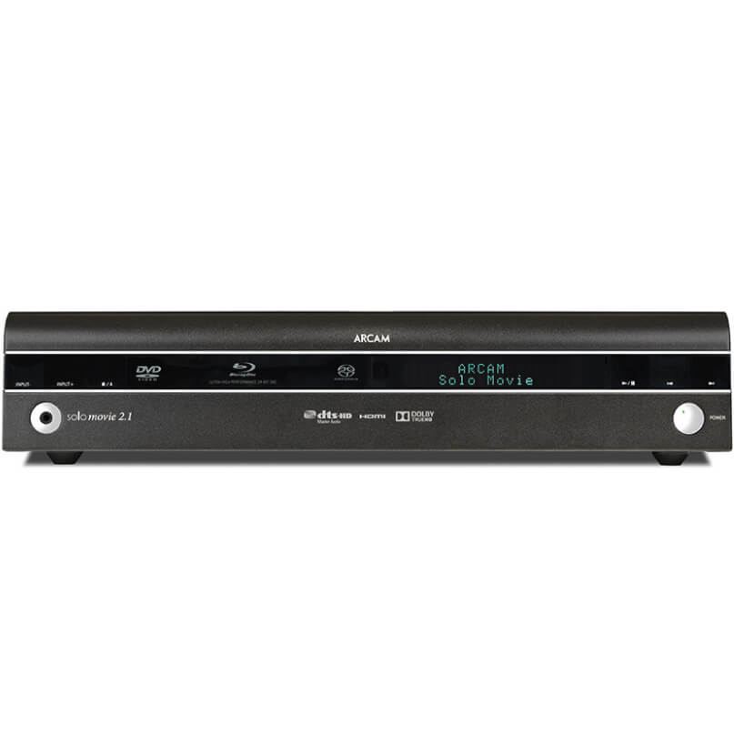 Arcam Solo Movie 2.1 Movie System Front view of the arcam solo movie 2. 1 movie system, displaying its buttons, disc slot, display screen, and assorted format logos.