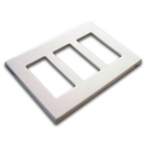 The Forte A-BUS WP-30 Triple gang Screwless Wall Plate, featuring a white plastic finish and three rectangular openings, is shown lying on a white background.