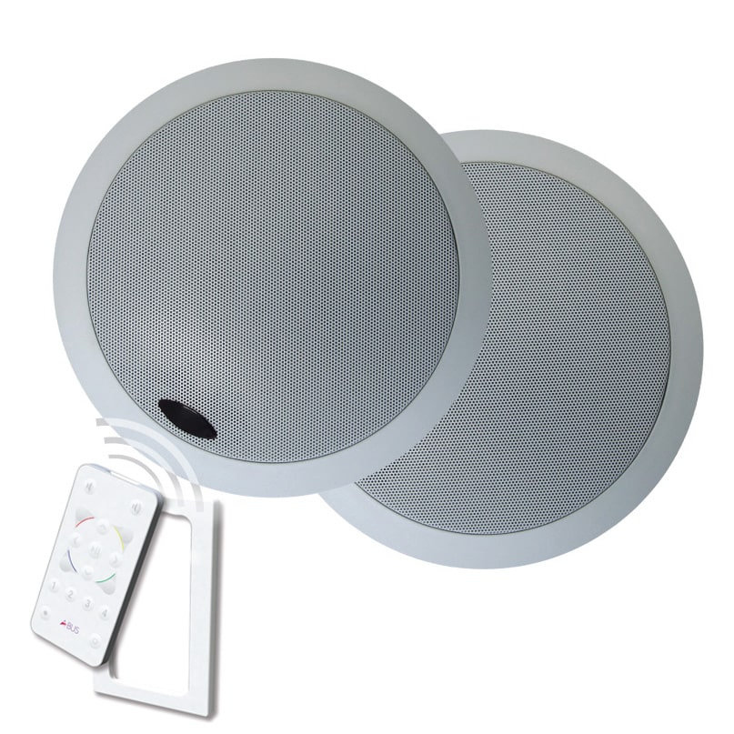 Forte A-Bus Abd-C6 In-Ceiling Loudspeaker Two forte a-bus abd-c6 in-ceiling loudspeakers with a round, silver design are installed side by side. A white remote control with colored buttons is pointed at the speakers, sending a signal toward them.