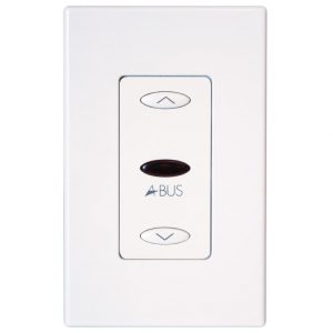 White wall-mounted Forte A-BUS AB-44 Keypad Module featuring up and down arrow buttons and an “A-BUS” label in the center.