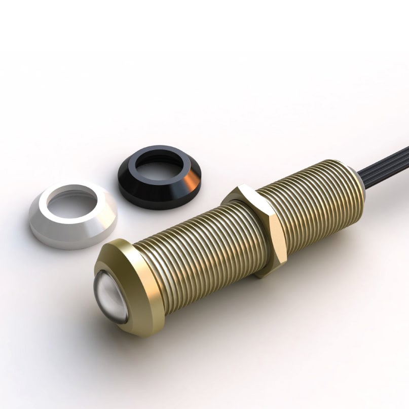 Forte A-Bus Irr-600 Barrel Infra Red Receiver A forte a-bus irr-600 barrel infra red receiver—a cylindrical metal sensor with a cable, two hex nuts, and two plastic mounting rings (one black and one white)—is placed on a white background.