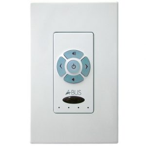 The Forte A-BUS AB-46 Keypad Module is a white wall-mounted audio control keypad featuring arrow and power buttons, indicator lights, and a small display screen.