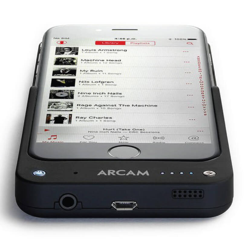 Arcam Musicboost For Iphone 6/6S An iphone 6/6s in an arcam musicboost case displays a music playlist with multiple song titles. The arcam musicboost case features control buttons, indicator lights, and a headphone jack.