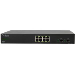 Front view of the Araknis Networks 310 Series 8-port L2 Managed Gigabit Switch with Full PoE+ and front ports, featuring eight Ethernet ports, two SFP ports, and illuminated indicator lights above each port.