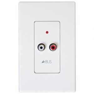 Forte A-BUS AB-70 in-wall input module featuring two RCA audio jacks (one red and one white), a small red indicator light, and “ABUS” labeled below the connectors.