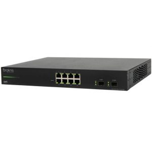 An Araknis Networks 210 Series 8-port L2 Managed Gigabit Switch with Partial PoE+ and front-facing ports is shown in black, featuring eight Ethernet ports and two SFP ports on the front panel, set against a white background.
