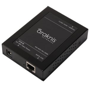 Araknis Networks Gigabit PoE+ Injector with labeled ports for power input, data (in), and power/data (out) on a white background.
