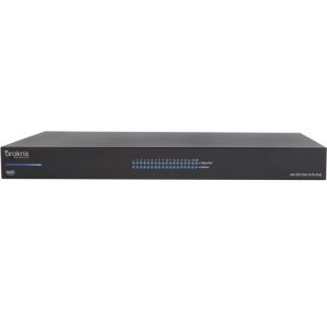 Front view of an Araknis Networks 310 Series 16-port L2 Managed Gigabit Switch with Full PoE+, a black rectangular device featuring blue indicator lights and labeled Ethernet ports on the rear.