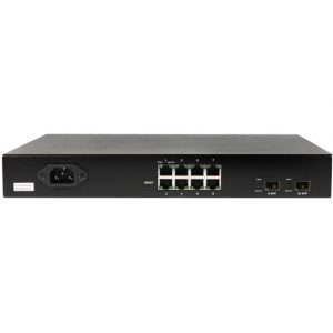 The Araknis Networks 210 Series 8-port Websmart Gigabit Switch with Partial PoE+ & Rear Ports features a black design with eight Ethernet ports, two SFP ports, two SFP+ ports, a reset button, and a power input on the back panel.