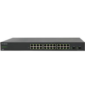 An Araknis Networks 210 Series 24-port L2 Managed Gigabit Switch with Partial PoE+ and front ports is shown from the front against a white background. The switch is black, featuring 24 Ethernet ports along with two additional ports on the right side.