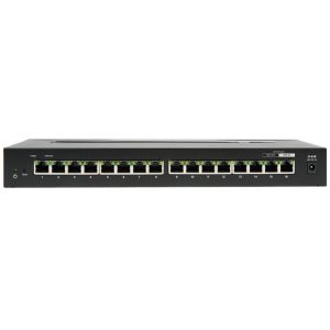 An Araknis Networks 110 Series Unmanaged+ Gigabit 16 Port Compact Switch Powered by POE in black, featuring 16 Ethernet ports on the front panel, a power button and LED indicators on the left side, and a power input on the right.