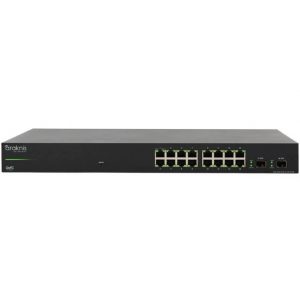 A black Araknis Networks 210 Series 16-port L2 Managed Gigabit Switch with Partial PoE+, featuring front ports and designed for rack mounting.