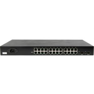 The Araknis Networks 210 24-port Websmart Gigabit Switch with Partial PoE+ & Rear Ports, shown from the front, displays all its ethernet ports and features two additional uplink ports, with the main power input positioned on the left.