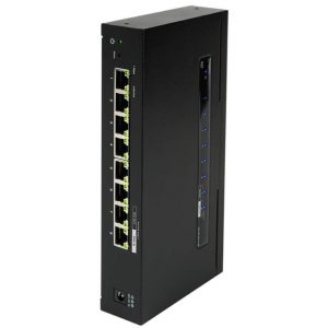 Araknis Networks 110 Series Unmanaged+ Gigabit 8 Port Compact Switch, powered by PoE, features a black design with eight Ethernet ports, a power button, and vertically arranged indicator lights on the front panel.