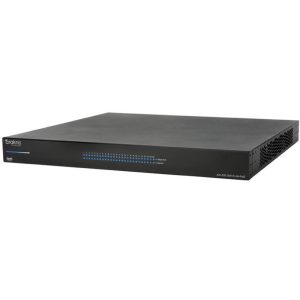 A black Araknis Networks 310 Series 24-port L2 Managed Gigabit Switch with full PoE+ and rear ports, featuring indicator lights and side ventilation in a 1U rackmount design, photographed against a white background.