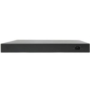 A black, rectangular Araknis Networks 210 Series 48-port L2 Managed Gigabit Switch with partial PoE+ and front ports, featuring a power input socket on the right side of the rear panel, photographed against a white background.