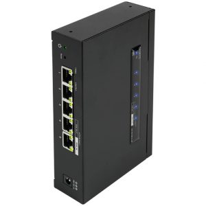 Araknis Networks 110 Series Unmanaged+ Gigabit 5 Port Compact Switch, featuring a black design, five Ethernet ports, LED indicators, and Power over Ethernet (PoE) capability, is displayed standing vertically on a white background.