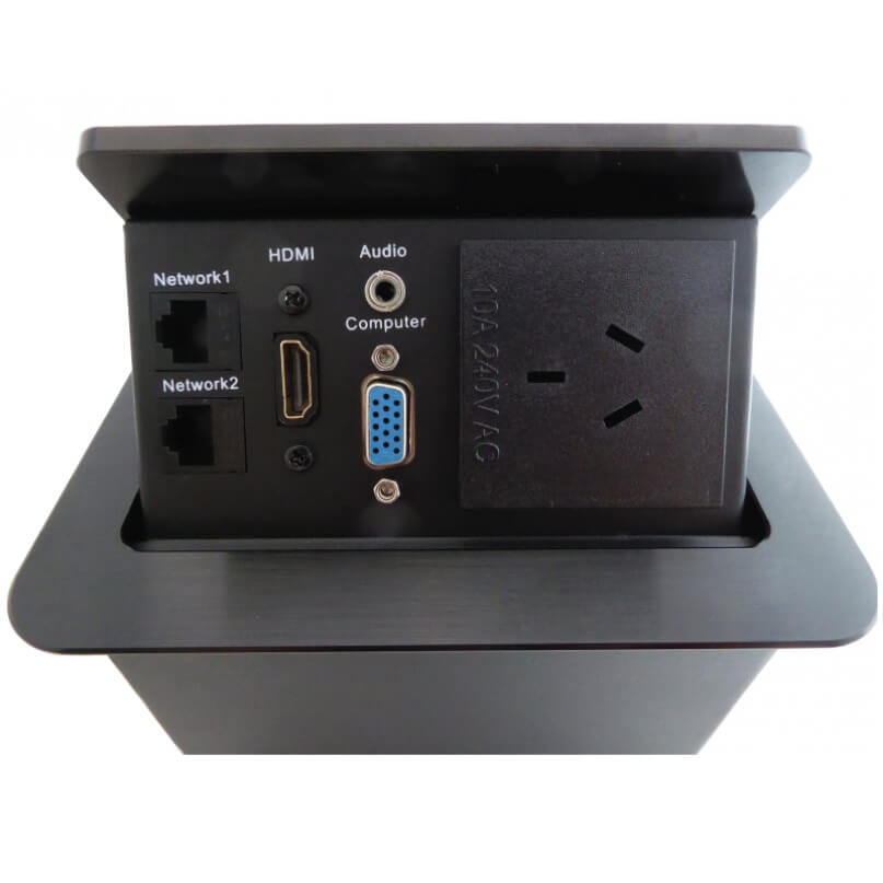 Avgear Tsm1 Amplifier Table Mount Interface The avgear tsm1 amplifier table mount interface is a tabletop connectivity panel featuring two network ports, hdmi, audio, vga, and a power outlet.