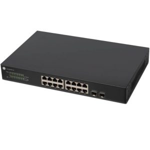 The Araknis Networks 300 Series 16-port Managed Gigabit Switch with Front Ports, featuring a black design, 16 Ethernet ports, 2 SFP ports, and indicator lights on the front panel, is shown on a white background.