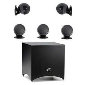 The Cabasse Alcyone 2 5.1 System is a black home theater speaker set featuring four compact, round satellite speakers and one subwoofer, displayed on a white background.