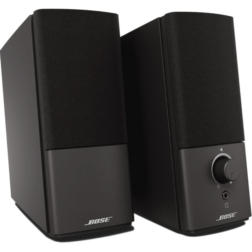 Bose Companion 2 Series Iii Multimedia Speaker System-Black Two black bose companion 2 series iii multimedia speakers, with one featuring a volume knob, headphone jack, and power indicator light on the front.