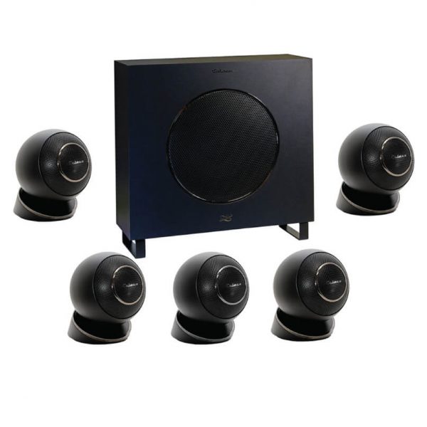 Fusion Research Oms-Sig Music Streamer A cabasse eole 4 5. 1 system in black, featuring a subwoofer and five matching spherical satellite speakers, is arranged in a semi-circle on a white background.