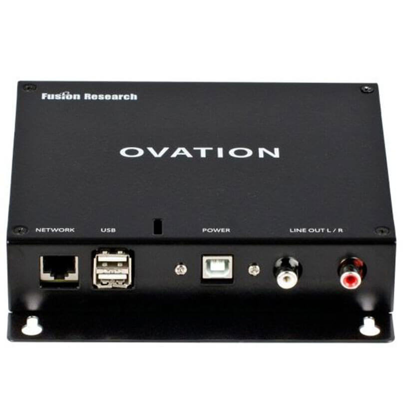 Fusion Research Oms-Sig Music Streamer Fusion research oms-sig music streamer audio device with network, usb, power, and line out ports on the front panel.