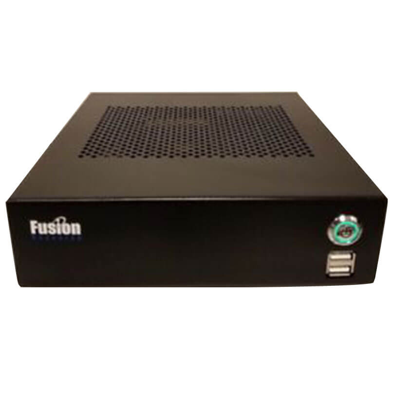 Fusion Research Oms-1 Music Streamer Fusion research oms-1 music streamer in black, featuring a perforated top, two usb ports, and a power button on the front panel, photographed against a plain white background.