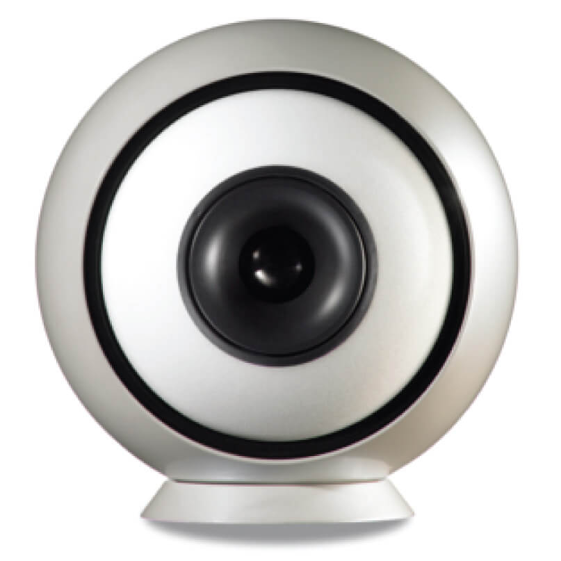 Cabasse Riga On Base The cabasse riga on base, a spherical silver desktop speaker featuring a black circular center, is displayed against a white background.