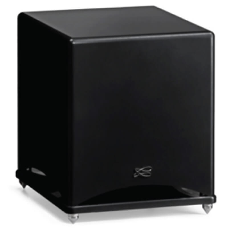 Cabasse Santorin 30-200 Powered Subwoofer The cabasse santorin 30-200 powered subwoofer, featuring a black cube-shaped design with a glossy finish, metal feet, and a small logo on the lower front panel, is shown against a white background.