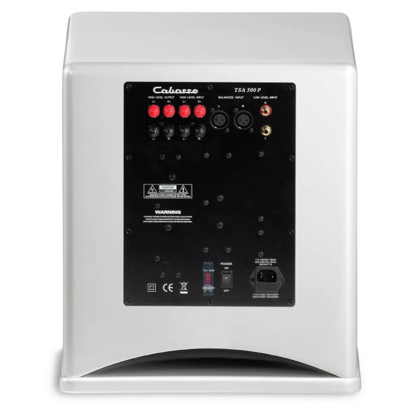 Cabasse Santorin 30-500 Back view of the cabasse santorin 30-500 white subwoofer, featuring a black panel with various audio input and output connectors, control labels, warning stickers, power switch, and power inlet.