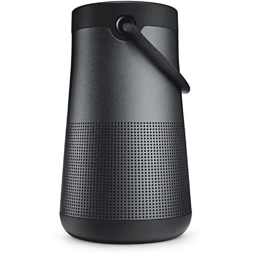 Bose Soundlink Revolve+ Bluetooth Speaker The bose soundlink revolve+ bluetooth speaker is black, features a perforated lower section, and comes with a carrying handle near the top.