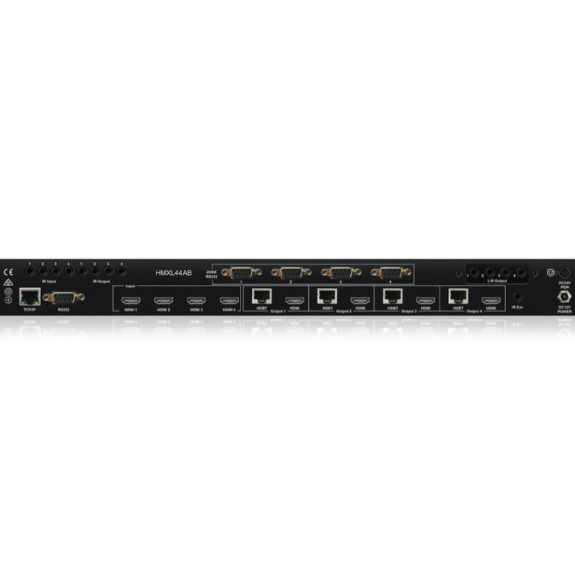 Blustream Hmxl44-Kit 4 X 4 Hdbaset Matrix Switcher Rear view of the blustream hmxl44-kit 4 x 4 hdbaset matrix switcher showing multiple hdmi, ethernet, rs-232, ir, and audio ports for input and output connections.