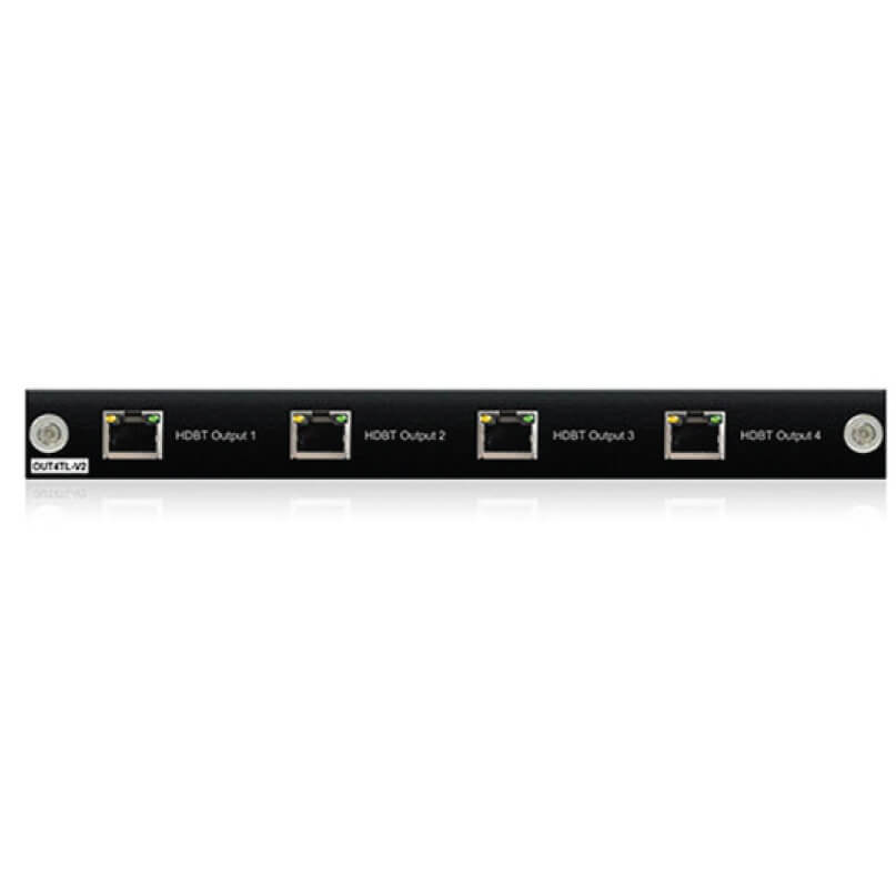 Blustream Pro-Out4Tl Custom Pro 4K - Output Board A black blustream pro-out4tl custom pro 4k output board featuring four labeled network ports, “hdbaset output 1” to “hdbaset output 4”, and a power button at each end.