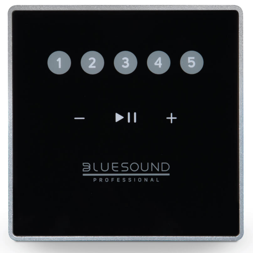Bluesound Cp100 Wall Mount Control Panel Bluesound cp100 wall mount control panel—a square black audio control panel featuring five numbered buttons, volume down, play/pause, and volume up icons, with “bluesound professional” branding at the bottom.