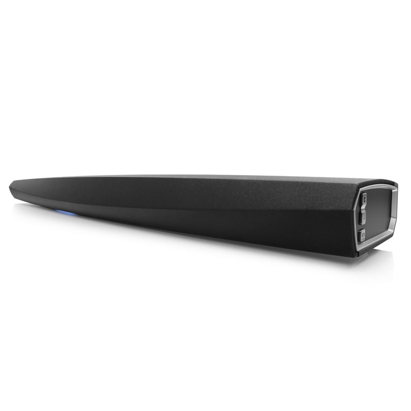 Heos Bar Tv Soundbar The heos bar tv soundbar, shown from an angle, features a sleek black rectangular design with a tapered profile and two buttons visible on the right end.