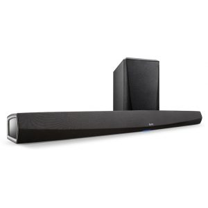 The HEOS Home Cinema HS2 Multi-Room Sound System, consisting of a black soundbar and a matching black wireless subwoofer, is displayed on a plain white background.