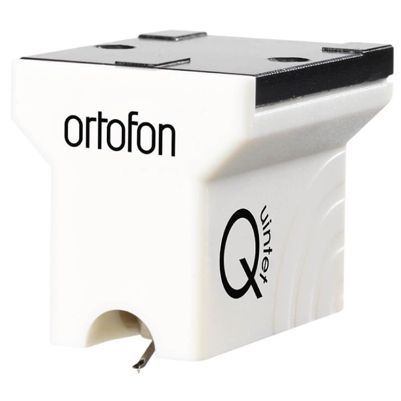 Ortofon Mc Quintet Mono Moving Coil Cartridge The ortofon mc quintet mono moving coil cartridge features a white body with black accents, displaying the company logo and model name, with the needle oriented downward.