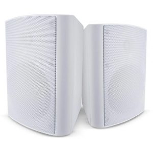 Two Cambridge Audio ES20 Outdoor Speakers in white, featuring rectangular shapes and metal mesh fronts, positioned side by side against a plain white background.