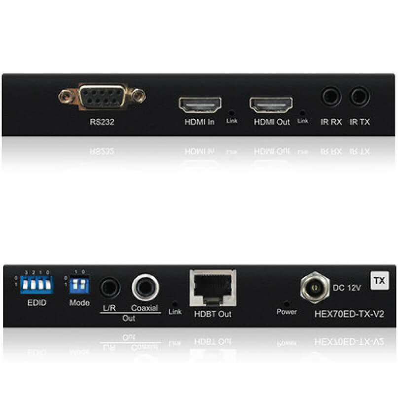 Blustream Hex70Ed-Tx-V2 4K Hdbaset? Transmitter Front and back views of the blustream hex70ed-tx-v2 4k hdbaset™ transmitter showing ports including hdmi, rs232, ir, coaxial, hdbt, power, and control switches.